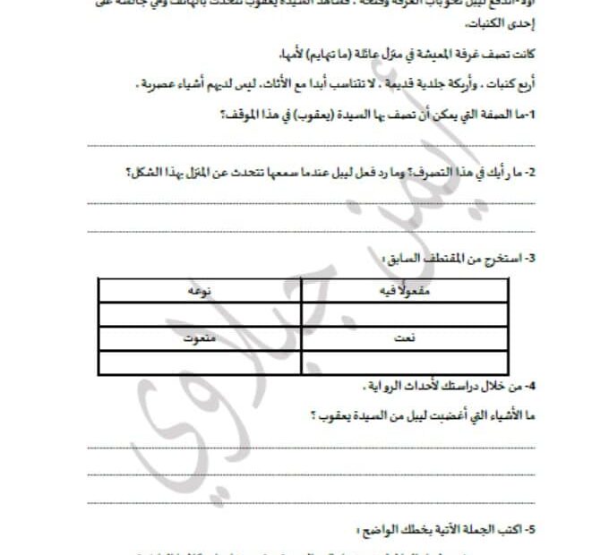 النموذج الثاني على الجزء الكتابي اللغة العربية الصف السادس