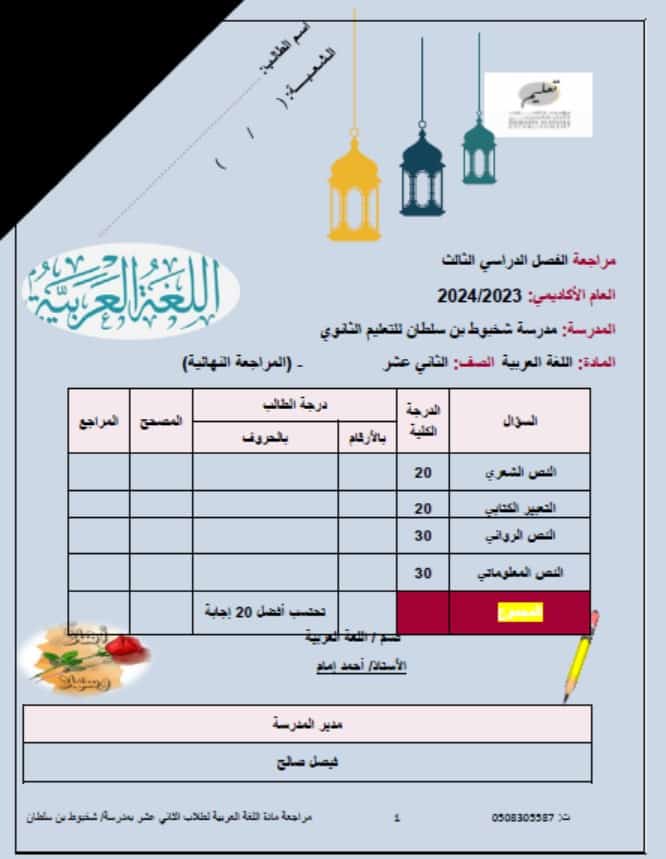 المراجعة النهائية اللغة العربية الصف الثاني عشر