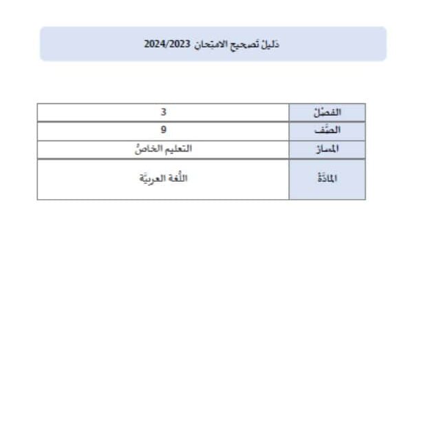 دليل تصحيح امتحان اللغة العربية الصف التاسع خاص الفصل الدراسي الثالث 2023-2024