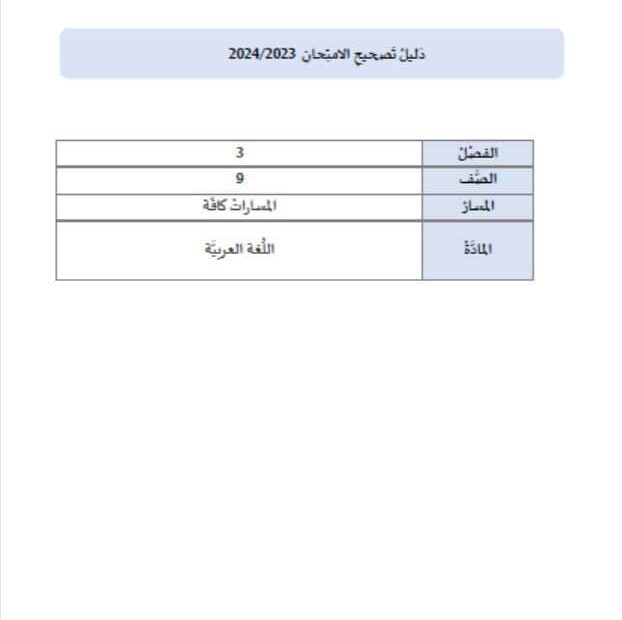 دليل تصحيح امتحان اللغة العربية الصف التاسع الفصل الدراسي الثالث 2023-2024