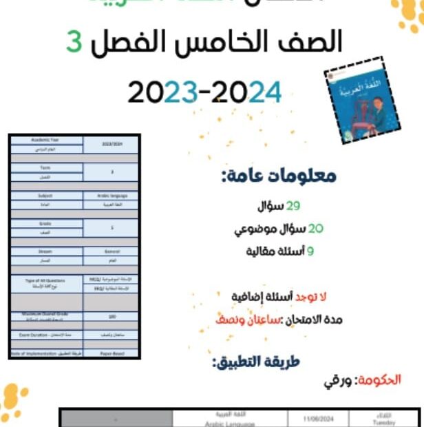 مراجعة أسئلة هيكل امتحان اللغة العربية الصف الخامس