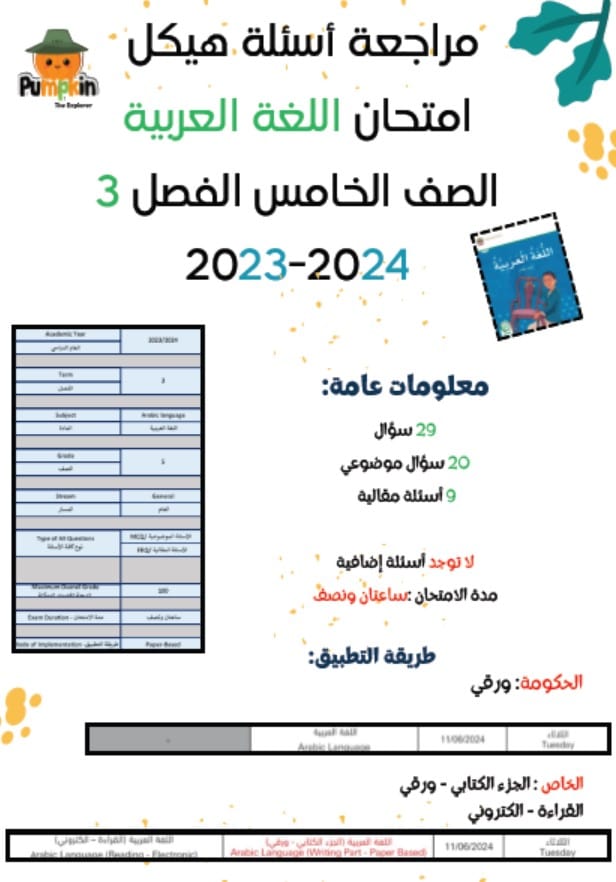 مراجعة أسئلة هيكل امتحان اللغة العربية الصف الخامس