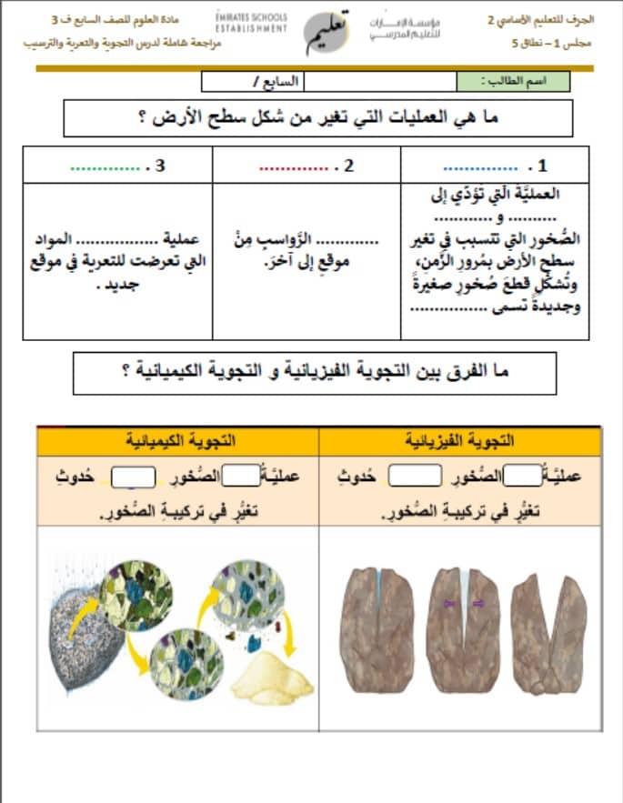 ورقة عمل التجوية والتعرية والترسيب العلوم المتكاملة الصف السابع