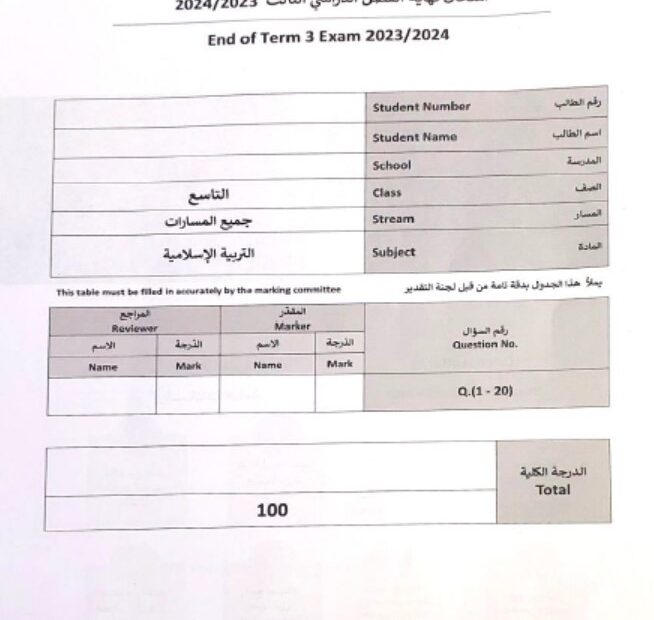 حل امتحان نهاية الفصل التربية الإسلامية الصف التاسع الفصل الدراسي الثالث 2023-2024