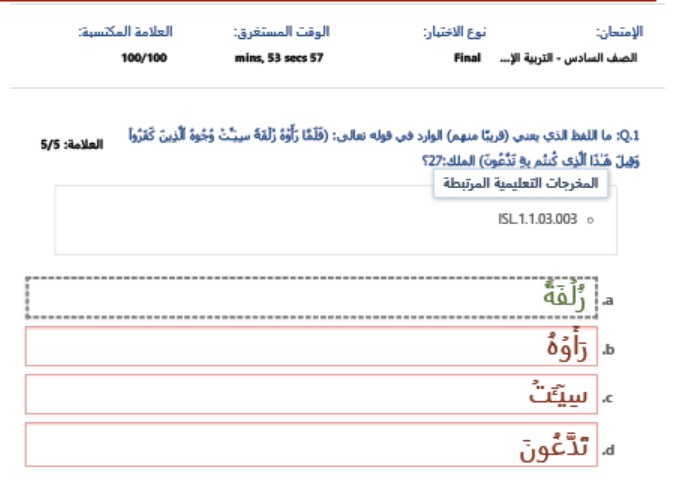 حل امتحان نهاية الفصل التربية الإسلامية الصف السادس الفصل الدراسي الثالث 2023-2024