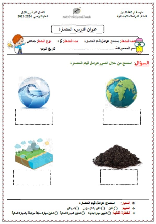 ورقة عمل الحضارة الدراسات الإجتماعية والتربية الوطنية الصف السادس 