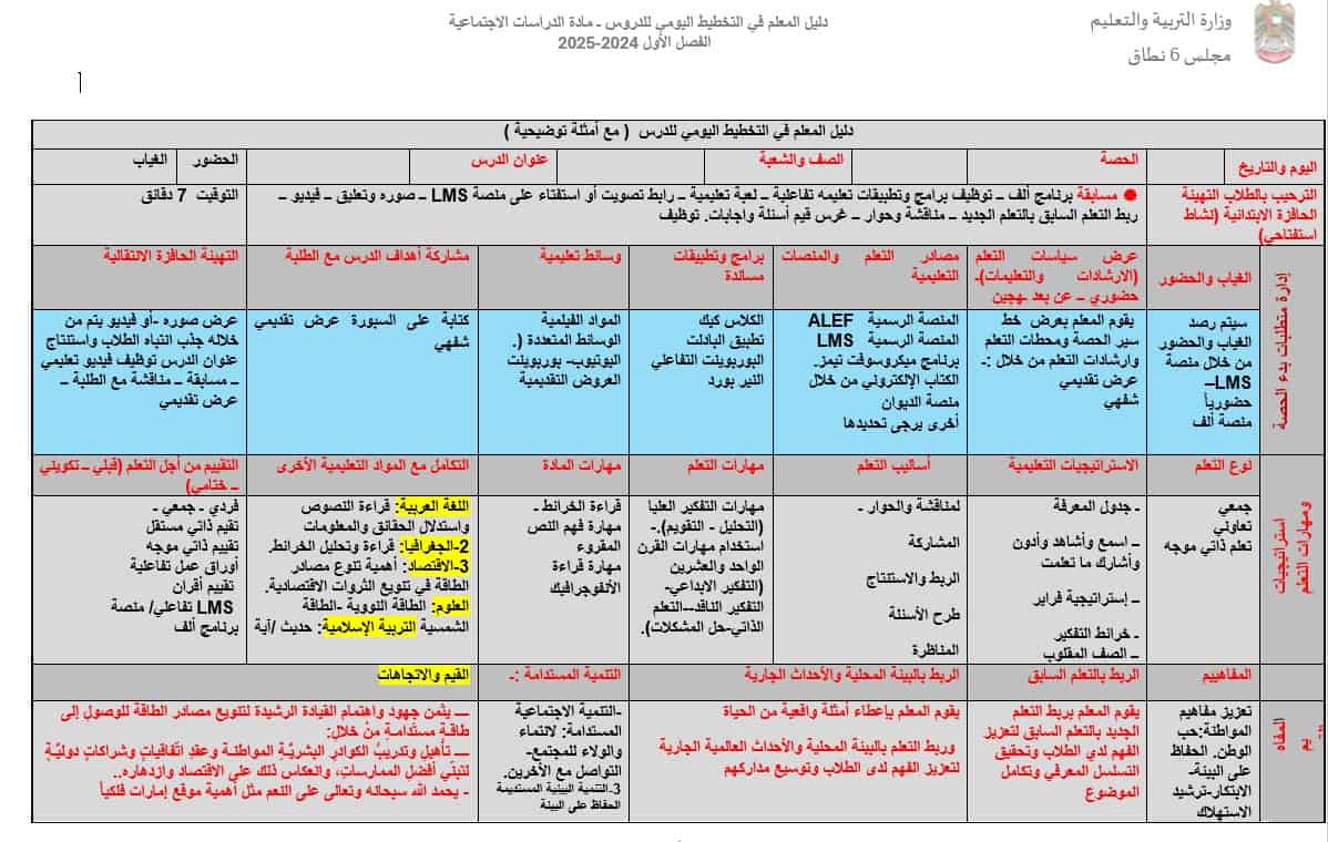 دليل المعلم في التخطيط اليومي الدراسات الإجتماعية والتربية الوطنية الصف الخامس الفصل الدراسي الأول 2024-2025