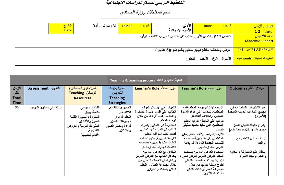 الخطة الدرسية اليومية أنا وأسرتي الدراسات الإجتماعية والتربية الوطنية الصف الأول 