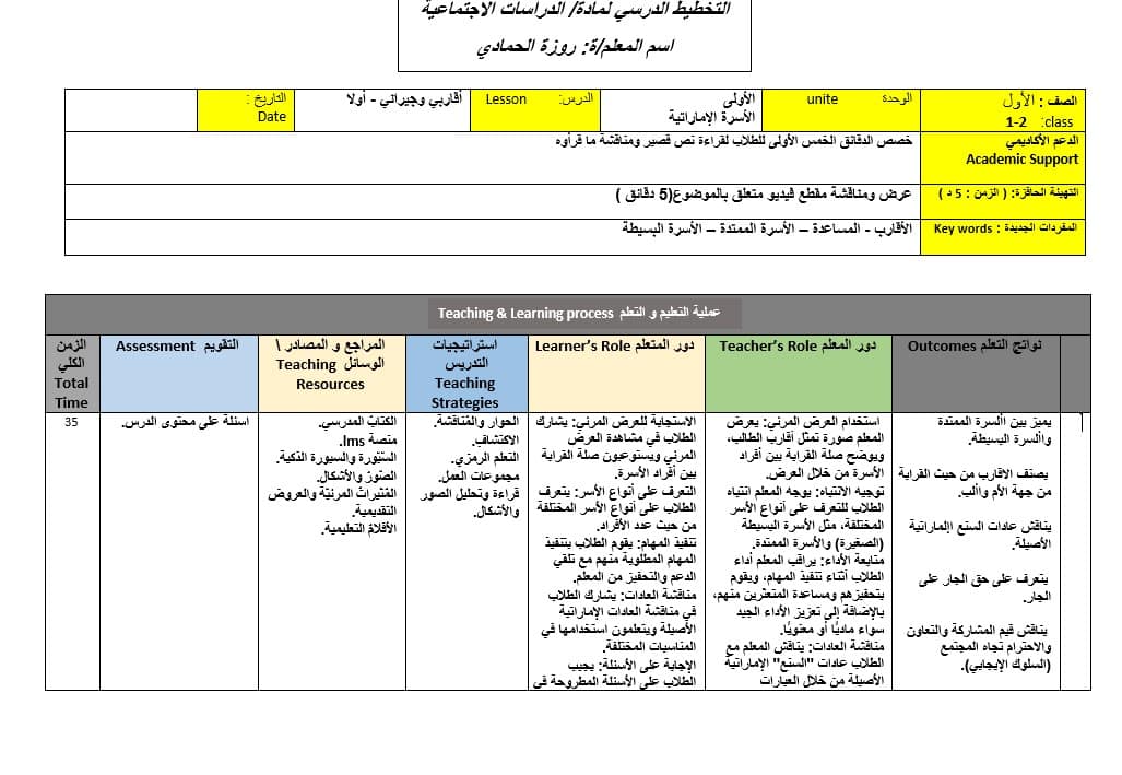 الخطة الدرسية اليومية أنا وأقاربي الدراسات الإجتماعية والتربية الوطنية الصف الأول