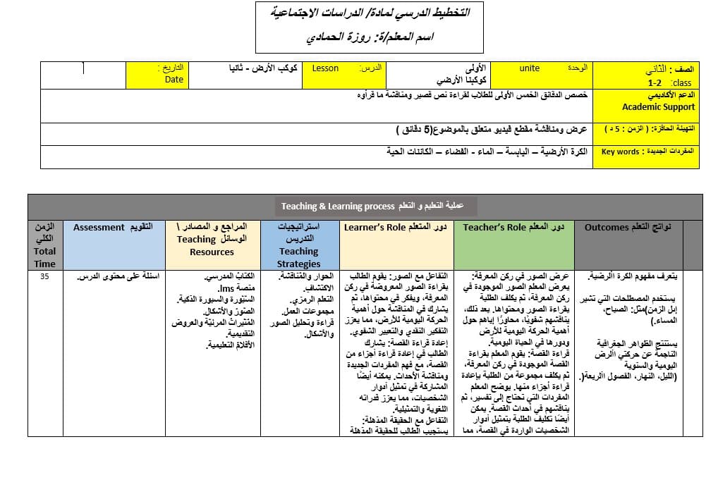 الخطة الدرسية اليومية الحركة اليومية للأرض الدراسات الإجتماعية والتربية الوطنية الصف الثاني