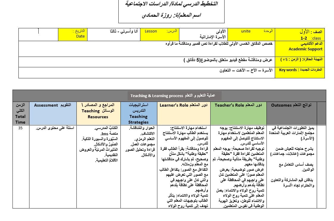 الخطة الدرسية اليومية واجباتي اتجاه وطني الدراسات الإجتماعية والتربية الوطنية الصف الأول