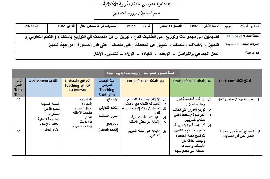 الخطة الدرسية اليومية هل أنا شخص عادل التربية الأخلاقية الصف الثالث