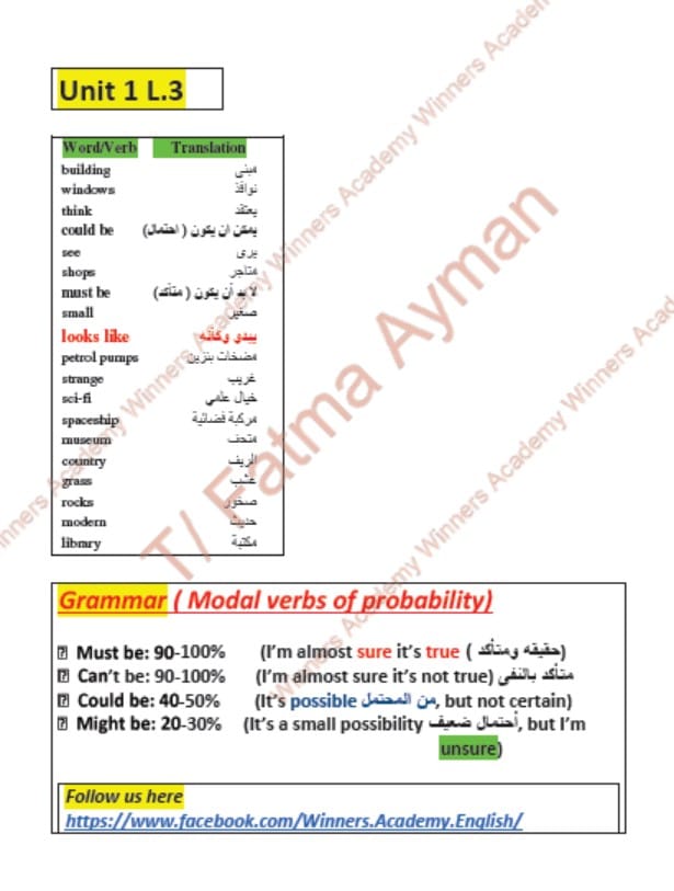 أوراق عمل unit 1 L.3 + Grammar اللغة الإنجليزية الصف الخامس