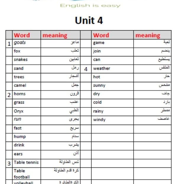 معاني كلمات Unit 4 اللغة الإنجليزية الصف الرابع أكسس