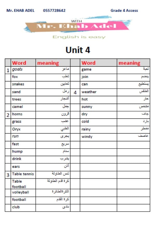 معاني كلمات Unit 4 اللغة الإنجليزية الصف الرابع أكسس