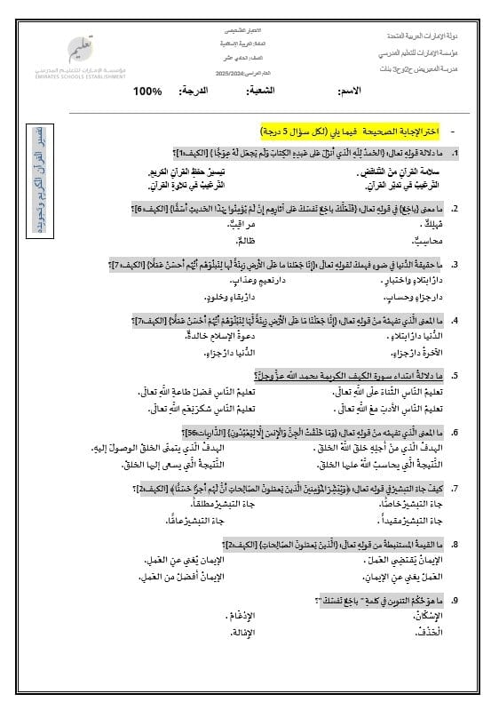 الاختبار التشخيصي التربية الإٍسلامية الصف الحادي عشر الفصل الدراسي الأول 2024-2025