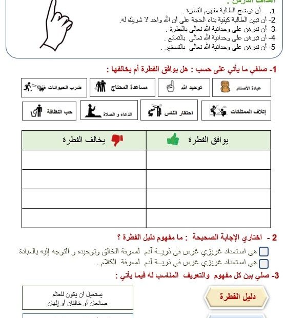 ورقة عمل درس أدلة وحدانية الله تعالى التربية الإسلامية الصف السابع - بوربوينت