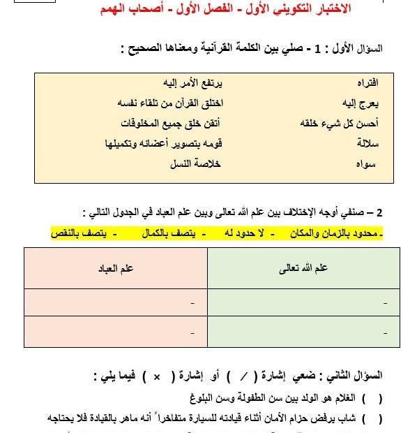 الاختبار التكويني الأول لأصحاب الهمم التربية الإسلامية الصف السادس