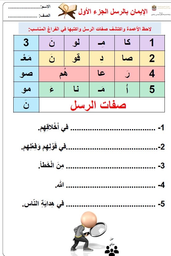 ورقة عمل الإيمان بالرسل التربية الإسلامية الصف الثاني 