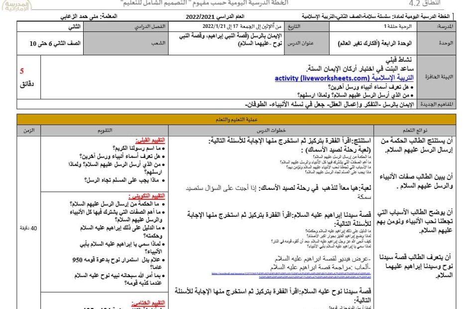 الخطة الدرسية اليومية الإيمان بالرسل التربية الإسلامية الصف الثاني