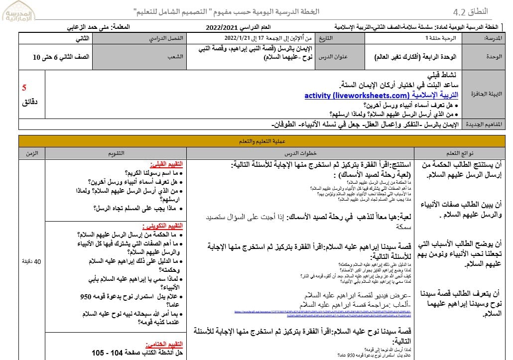 الخطة الدرسية اليومية الإيمان بالرسل التربية الإسلامية الصف الثاني