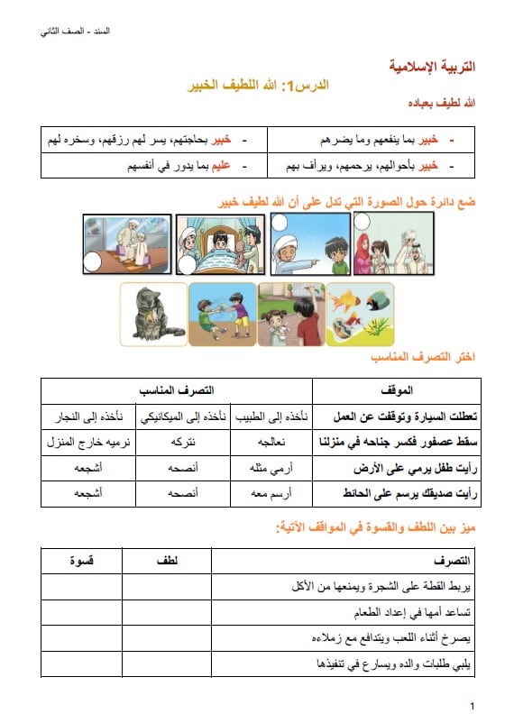 ورقة عمل الله اللطيف الخبير التربية الإسلامية الصف الثاني