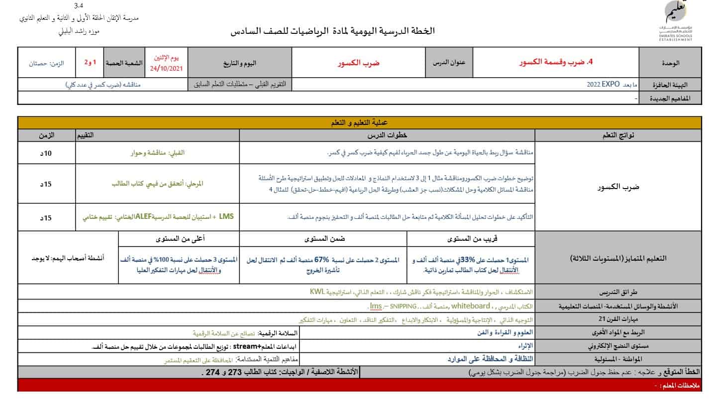 الخطة الدرسية للأسبوع التاسع الرياضيات المتكاملة الصف السادس - بوربوينت 