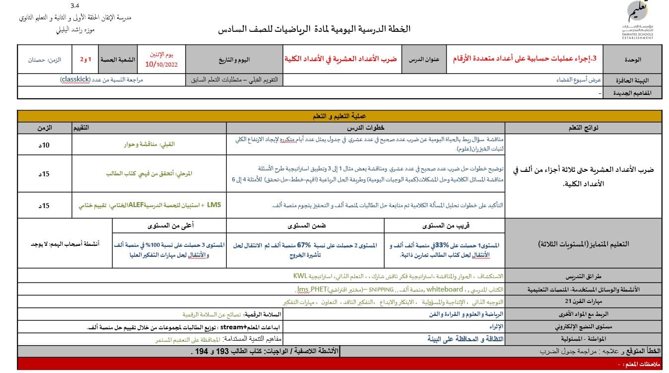 الخطة الدرسية للأسبوع السابع الرياضيات المتكاملة الصف السادس - بوربوينت