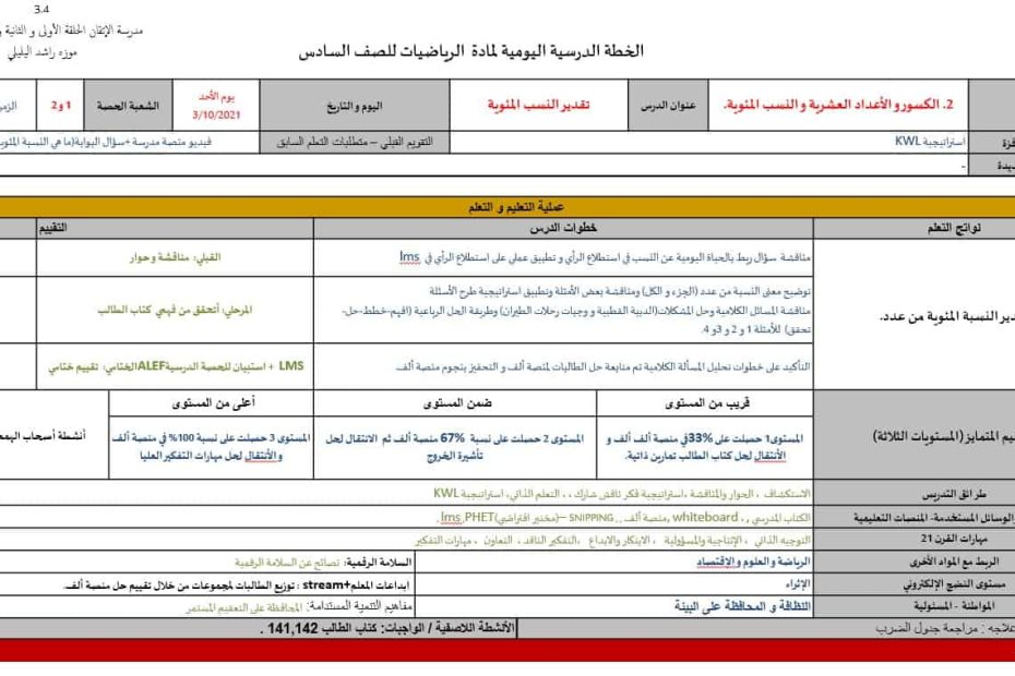 الخطة الدرسية للأسبوع السادس الرياضيات المتكاملة الصف السادس - بوربوينت