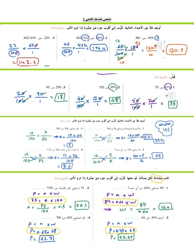 حل تدريبات ملخص للنشاط الكتابي 1 الرياضيات المتكاملة الصف السابع