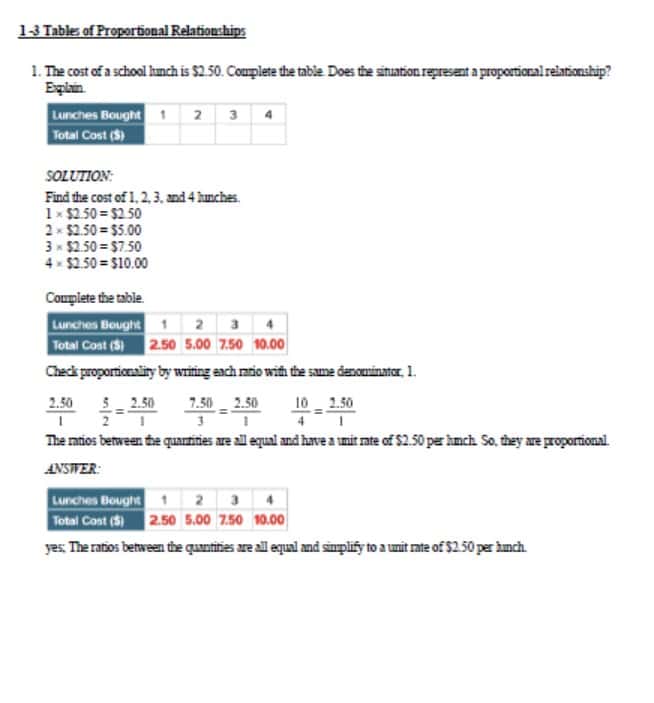 حل أوراق عمل Tables of Proportional Relationships الرياضيات المتكاملة الصف السابع