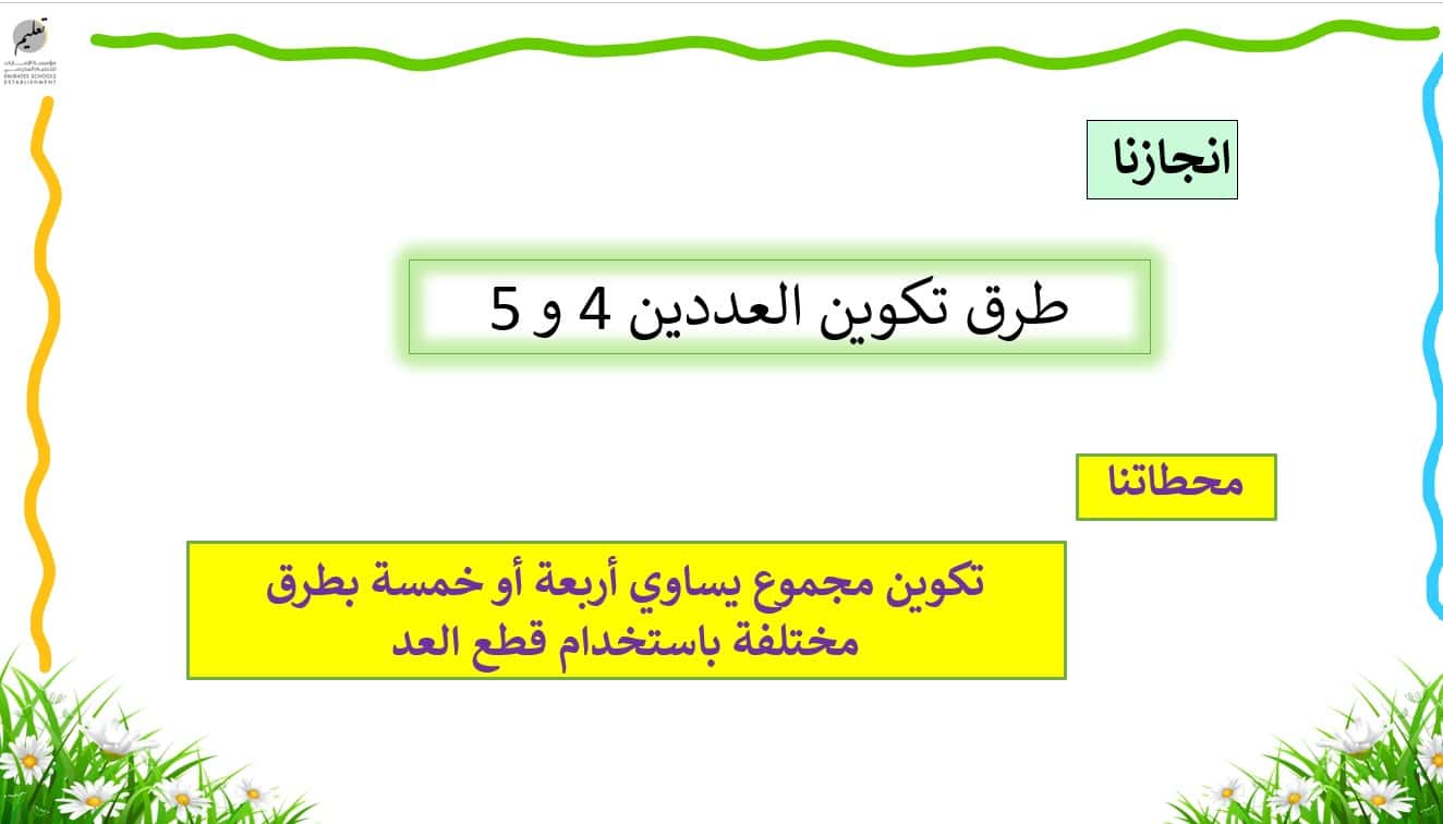 حل درس طرق تكوين العددين 4 و 5 الرياضيات المتكاملة الصف الأول - بوربوينت