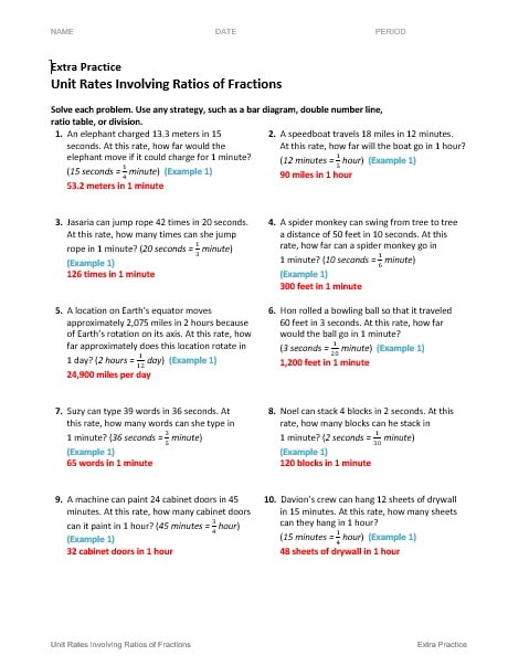 حل ورقة عمل Unit Rates Involving Ratios of Fractions الرياضيات المتكاملة الصف السادس