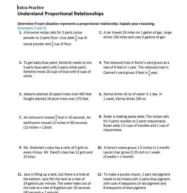 ورقة عمل Understand Proportional Relationships الرياضيات المتكاملة الصف السادس