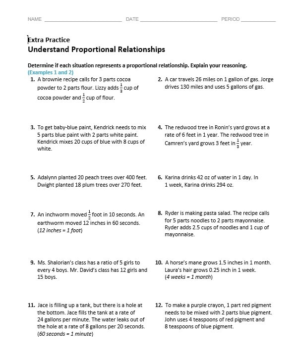 ورقة عمل Understand Proportional Relationships الرياضيات المتكاملة الصف السادس