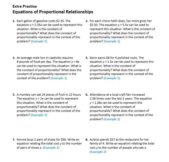 ورقة عمل Equations of Proportional Relationships الرياضيات المتكاملة الصف السادس