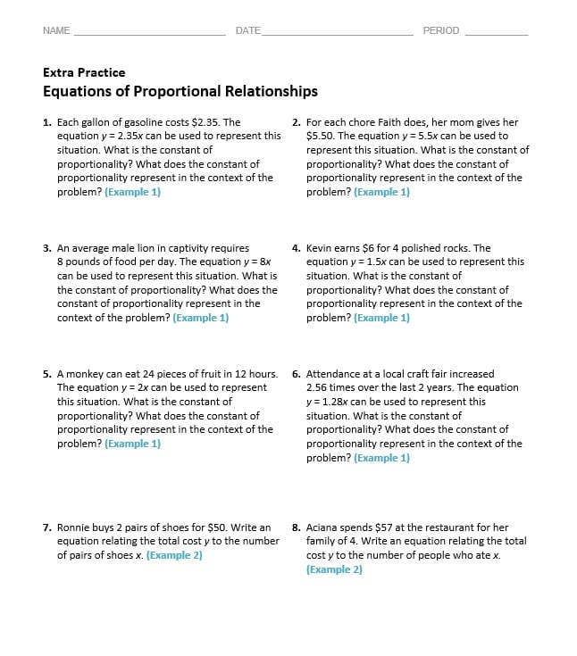 ورقة عمل Equations of Proportional Relationships الرياضيات المتكاملة الصف السادس