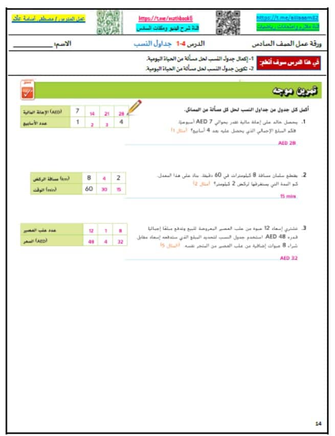 حل ورقة عمل جداول النسب الرياضيات المتكاملة الصف السادس