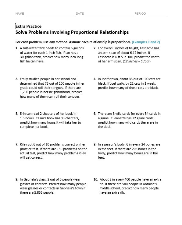 ورقة عمل Solve Problems Involving Proportional Relationships الرياضيات المتكاملة الصف السادس