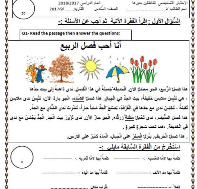 اختبار تشخيصي لغير الناطقين بها اللغة العربية الصف السادس الفصل الدراسي الأول