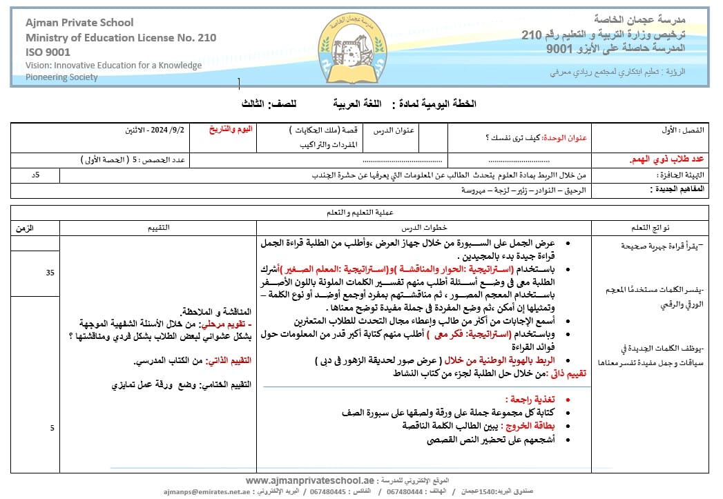 الخطة الدرسية اليومية الوحدة الأولى كيف ترى نفسك اللغة العربية الصف الثالث