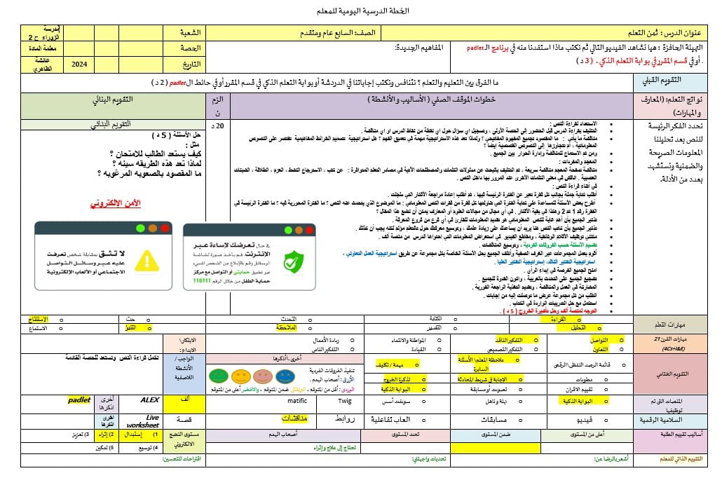 الخطة الدرسية اليومية ثمن التعلم اللغة العربية الصف السابع 