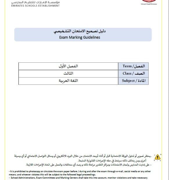 دليل تصحيح الامتحان التشخيصي اللغة العربية الصف الثالث