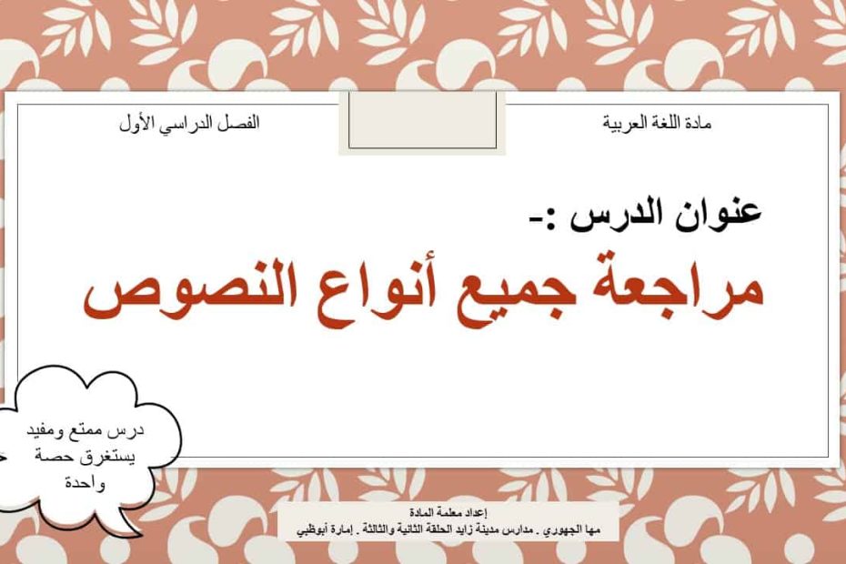 مراجعة جميع أنواع النصوص اللغة العربية الصف السابع - بوربوينت