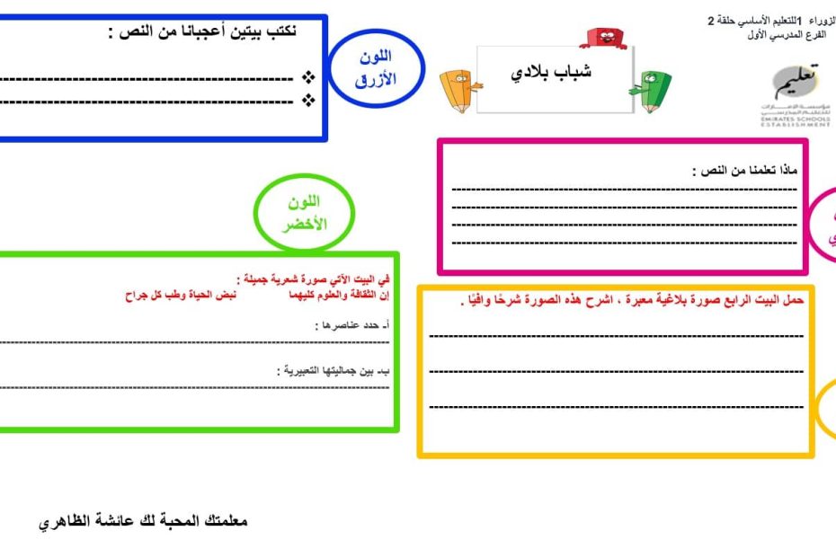 ورقة عمل شباب بلادي اللغة العربية الصف السابع - بوربوينت