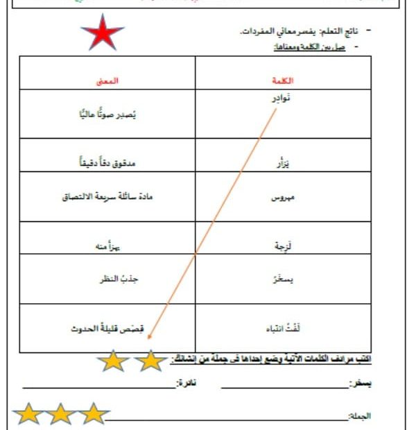 ورقة عمل مفردات ملك الحكايات اللغة العربية الصف الثالث