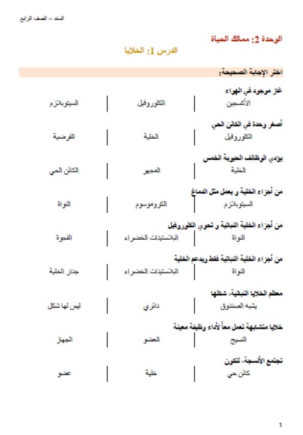 أوراق عمل درس الخلايا العلوم المتكاملة الصف الرابع 