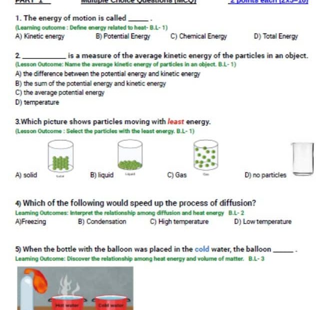 حل ورقة عمل Quiz 1 Particles in Motion العلوم المتكاملة الصف السادس