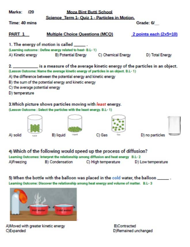 حل ورقة عمل Quiz 1 Particles in Motion العلوم المتكاملة الصف السادس 