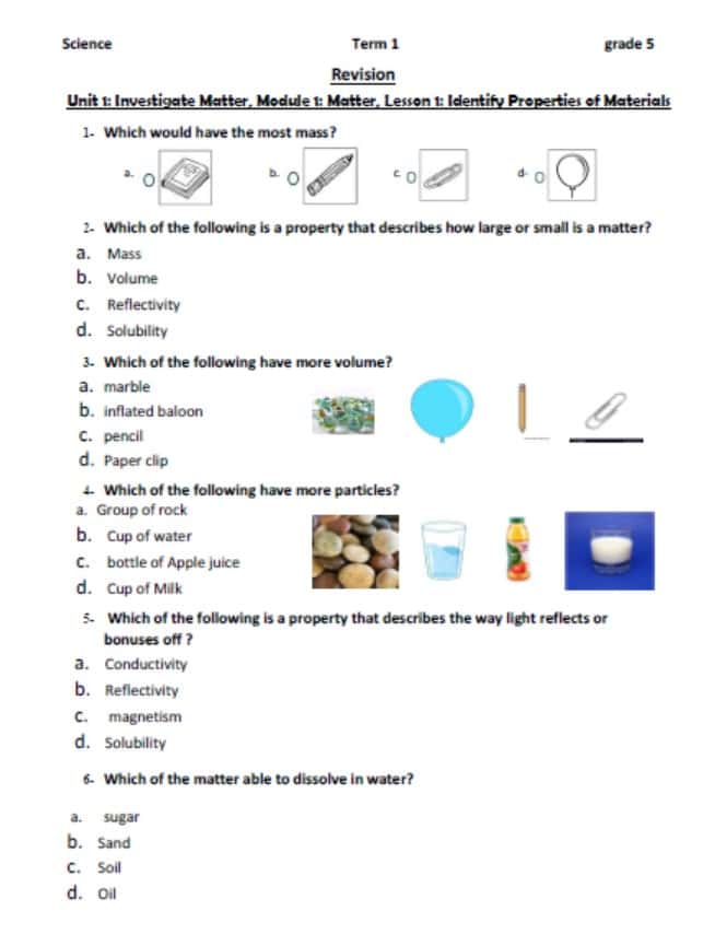 ورقة عمل Identify Properties of Materials العلوم المتكاملة الصف الخامس 